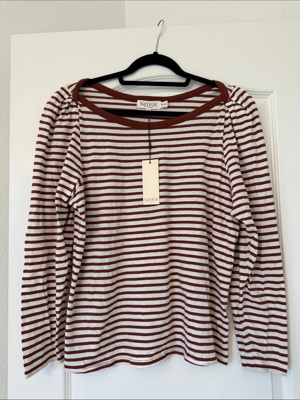 Nation LTD Rust & White Striped Long Sleeve Boatneck Tee